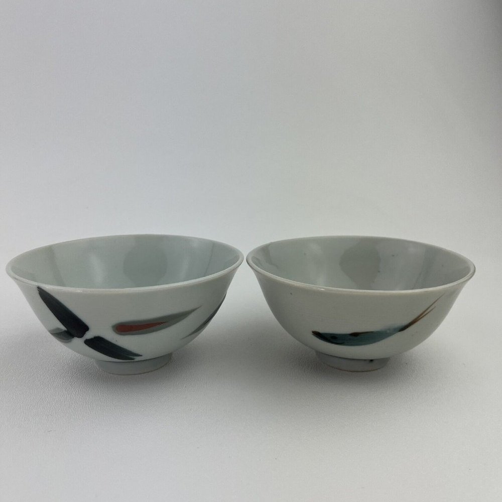 Lot of 2 Porcelain Hand Painted China Rice Soup Bowls White Blue 4.5" Vintage